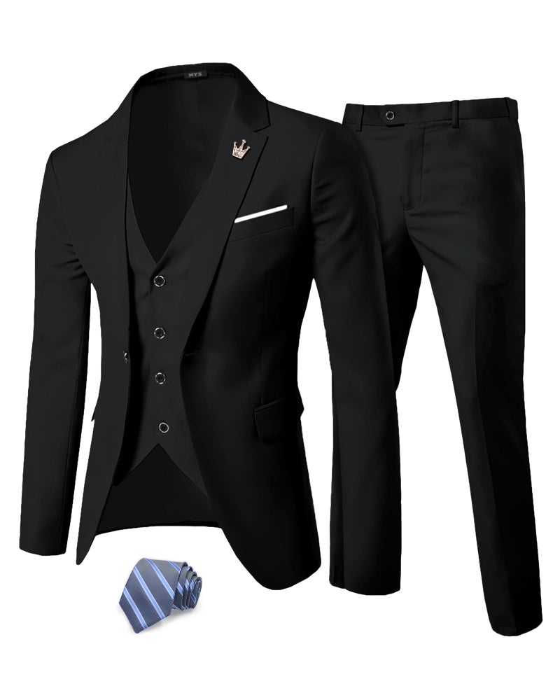 MYS MY'S Men's 3 Piece Solid Suit Set, One Button Slim Fit Jacket Vest Pants with Tie, Black - Image 1